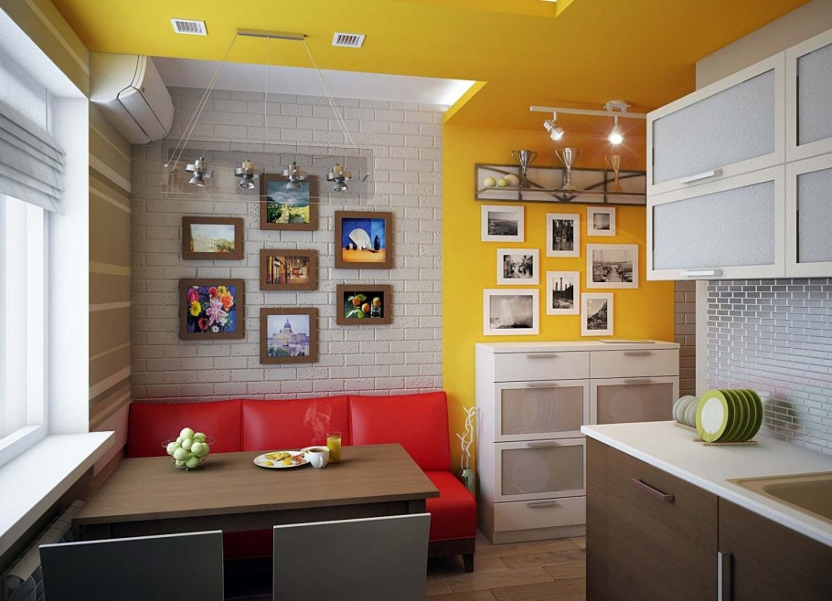 Интерьер маленькой кухни с диваном