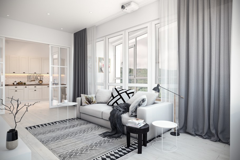 Интерьер гостиной в светло серых тонах