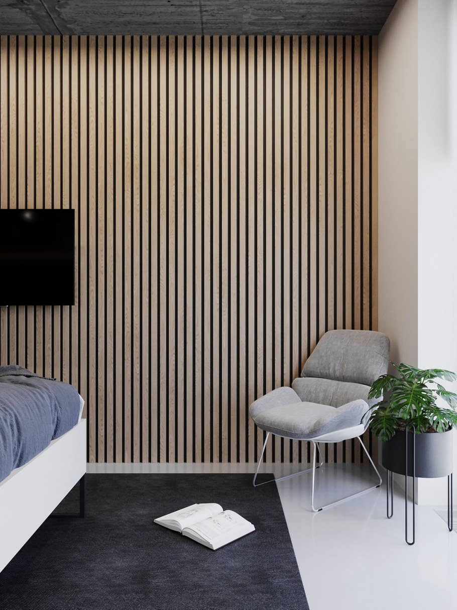 Деревянные рейки в спальне