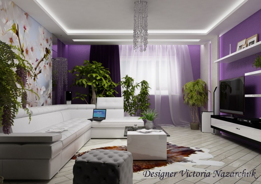 Сиреневые стены в интерьере гостиной