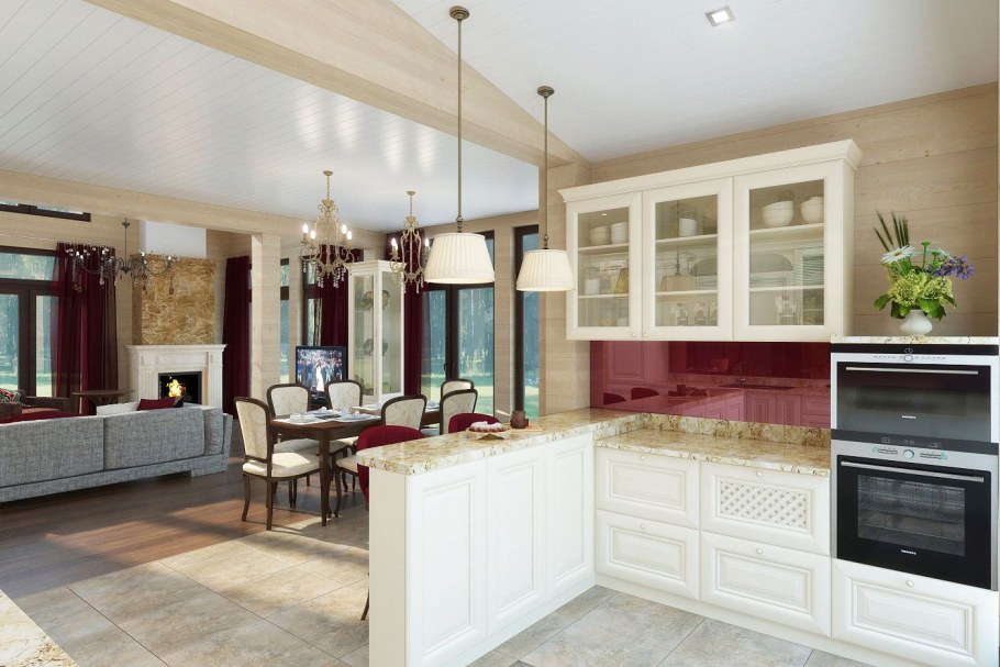 Кухня с гостиной в загородном доме