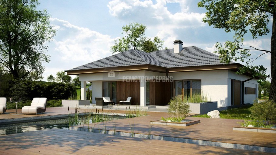 Дом г-образной формы в стиле Райта