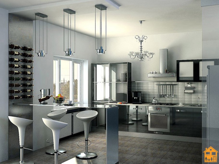 Кухня в сером цвете с барной стойкой