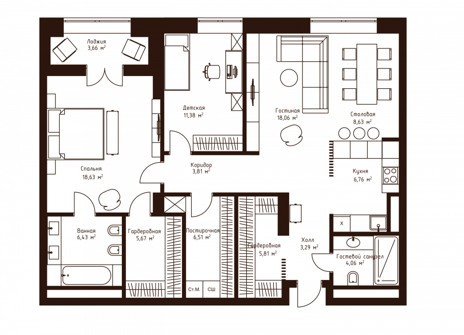 Планировка квартиры Гринвуд 2 комнатная