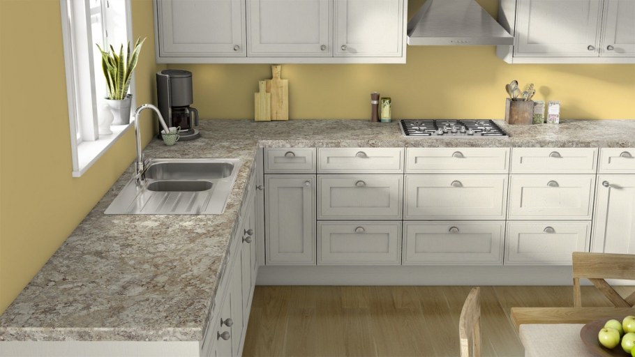 Белая кухня со столешницей под бетон