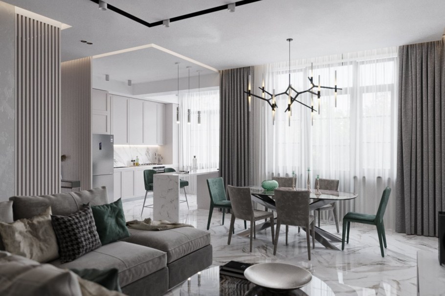 Кухня гостиная в бело серых тонах