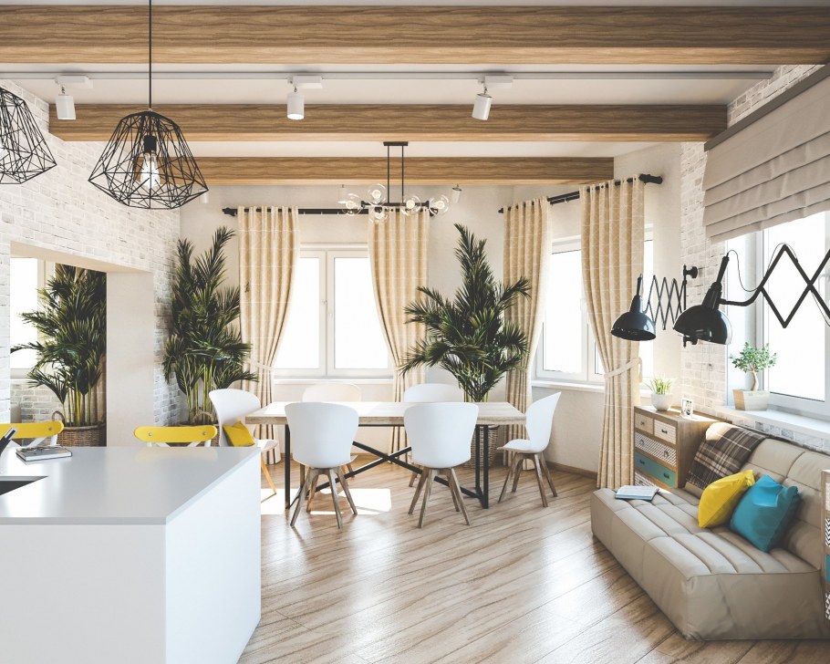 Гостиная в скандинавском стиле в деревянном доме