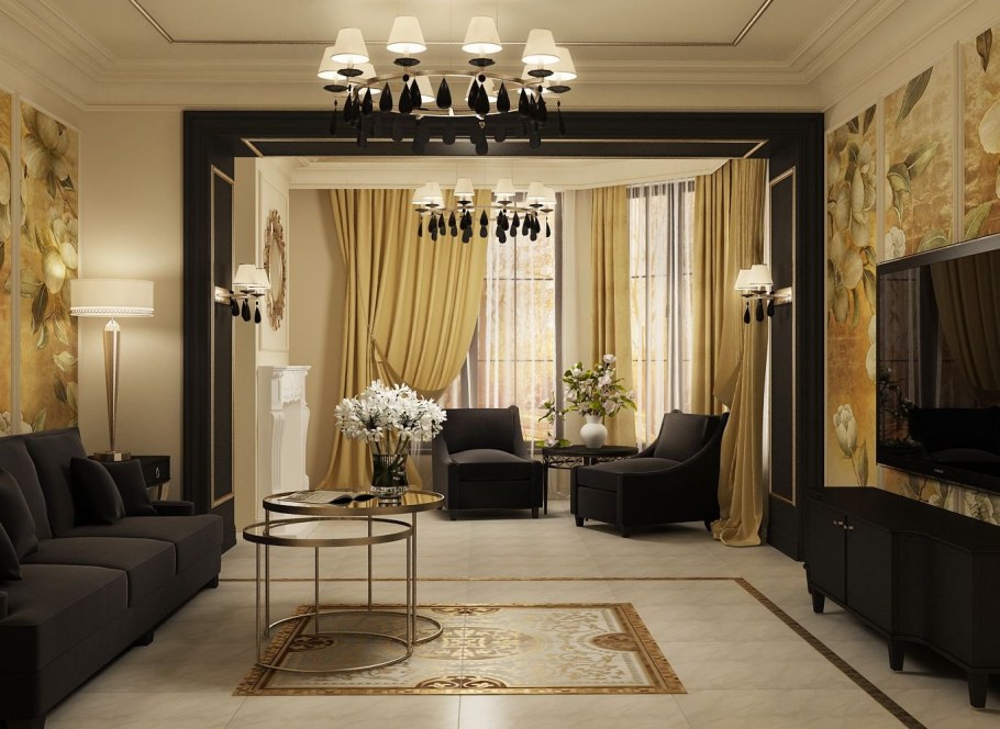 Золотые стены в интерьере гостиной