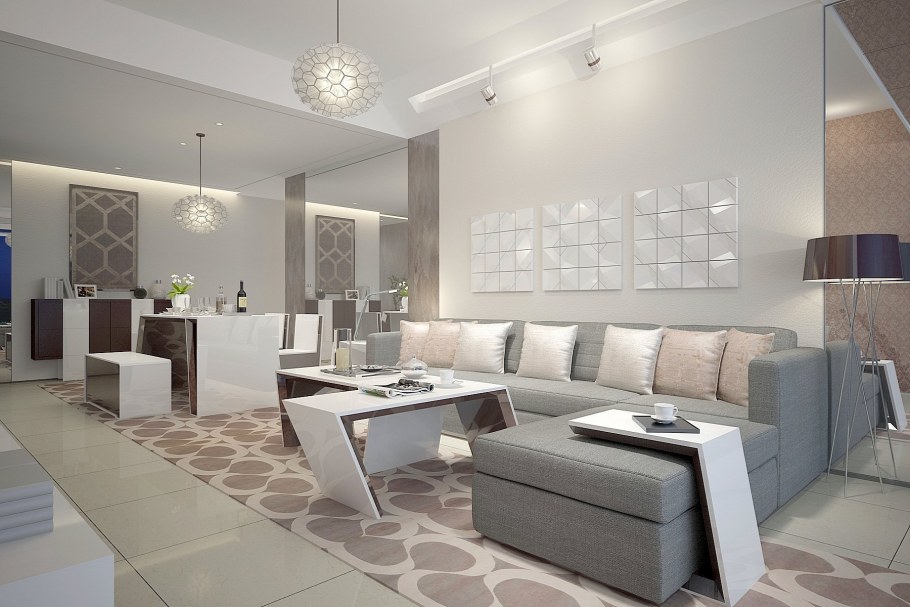 Кухня гостиная в серо бело бежевых тонах