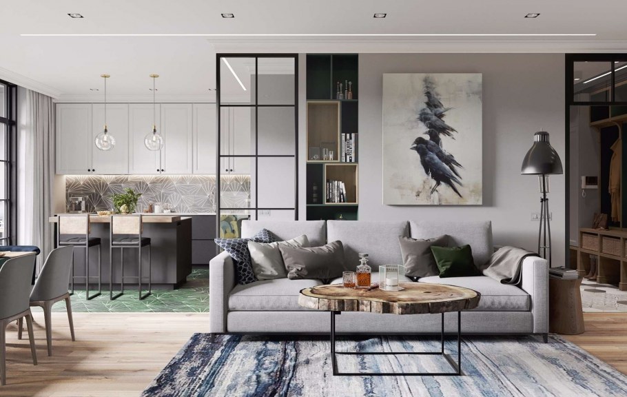 Бело синий интерьер гостиной