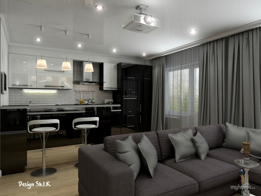 Светло серая кухня-гостиная