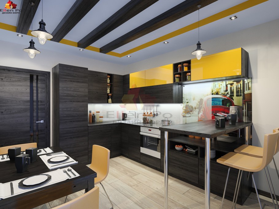 Желтая кухня в стиле лофт