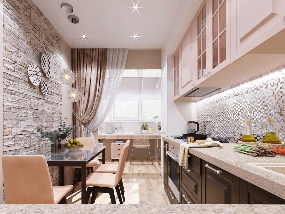 Прямоугольная кухня в светлых тонах