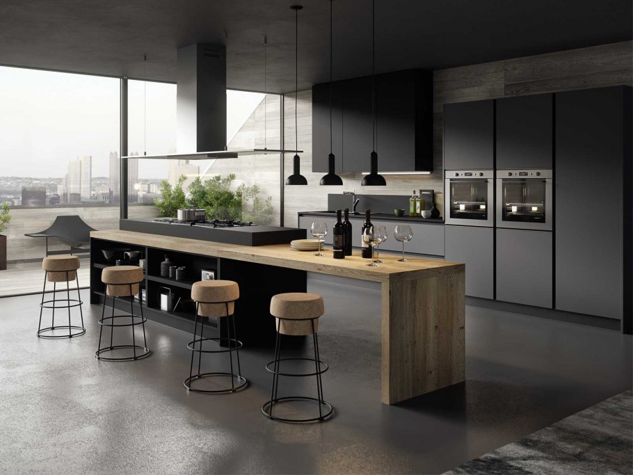 Кухонный гарнитур черно белый с барной стойкой