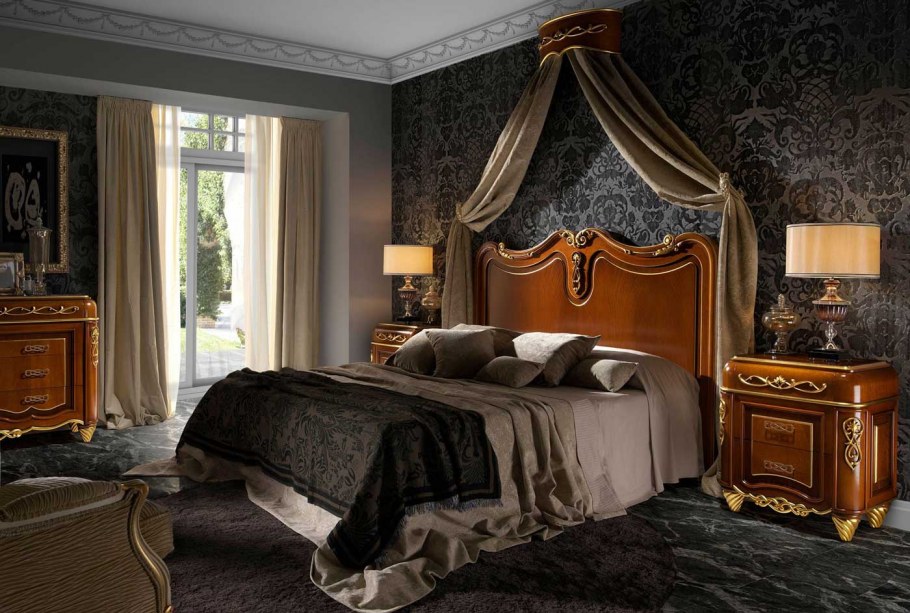 Спальня в классическом стиле с темной мебелью