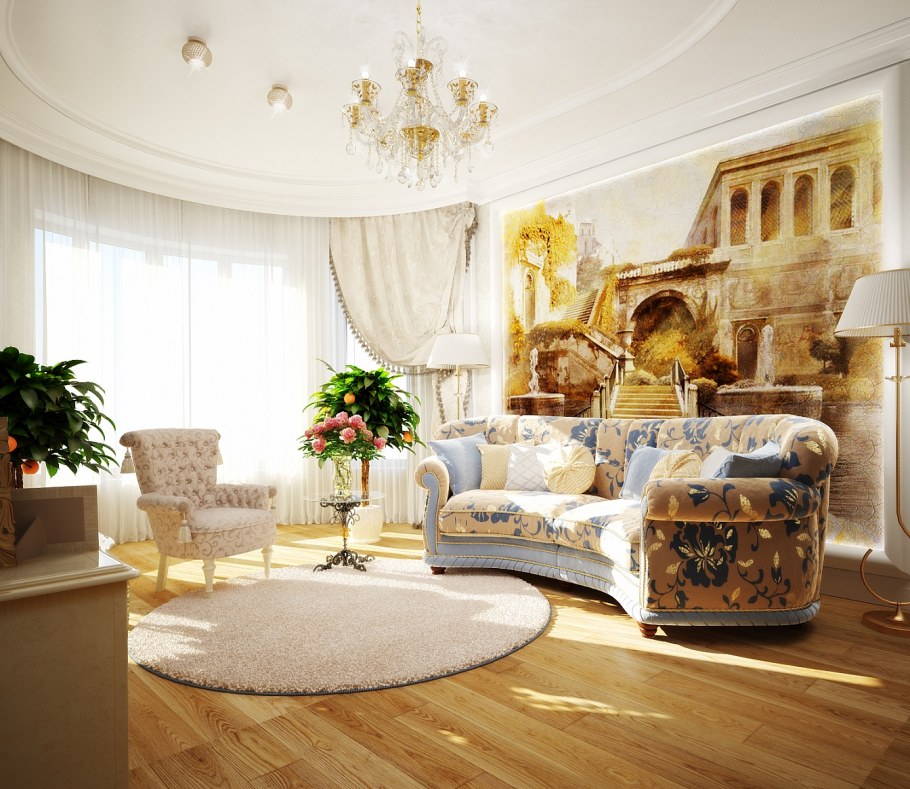 Строитель на фоне роскошного интерьера