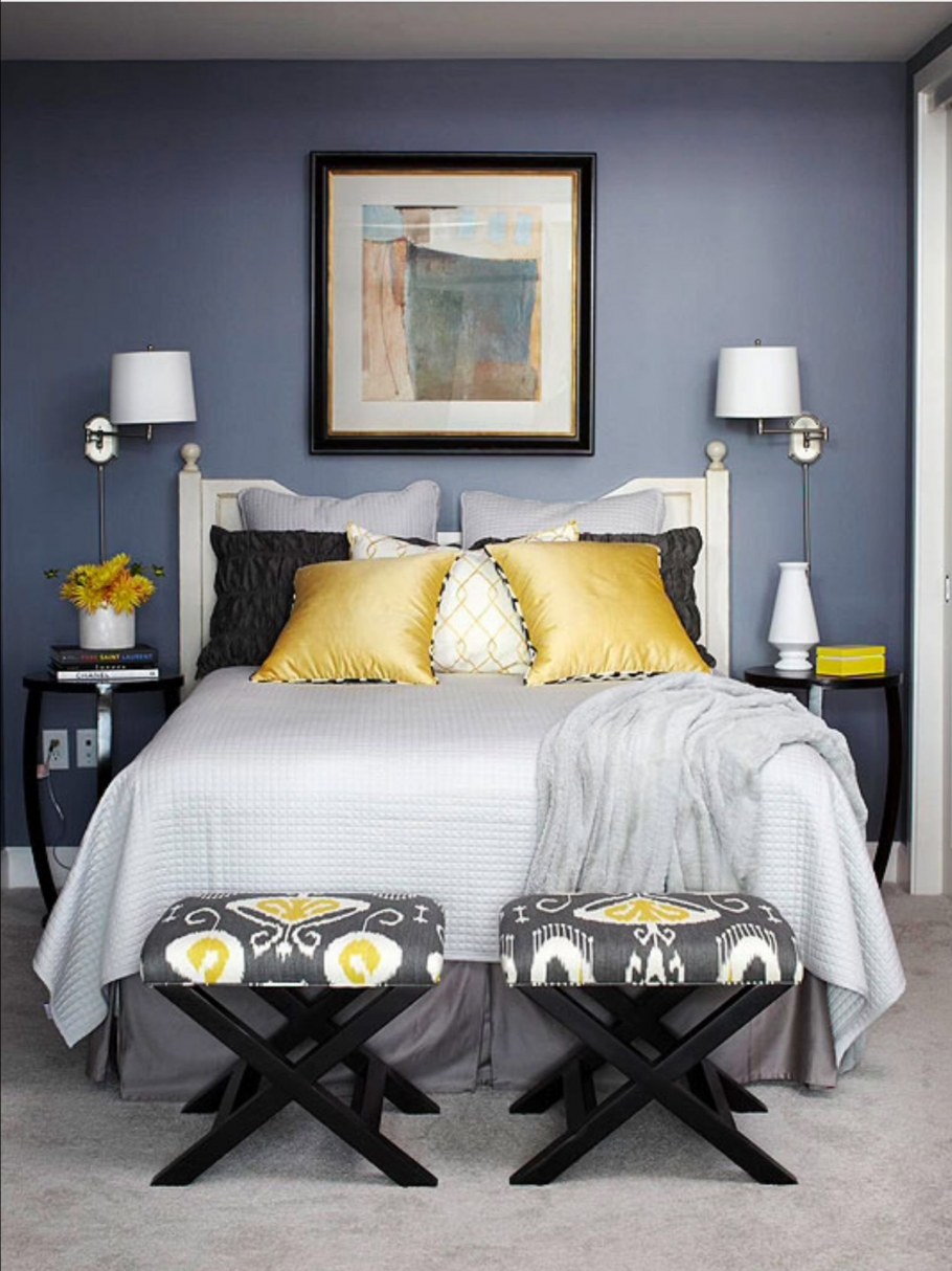 Серо желтый интерьер спальни