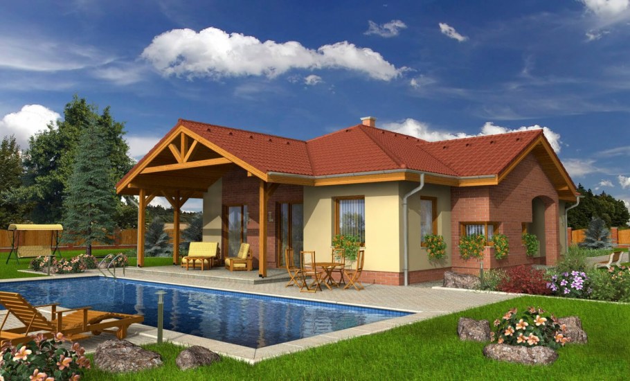 Красивый одноэтажный дом с мансардой с бассейном