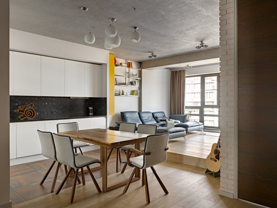 Кухня на подиуме с гостиной