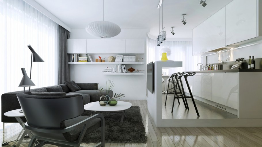 Черно белая кухня с телевизором