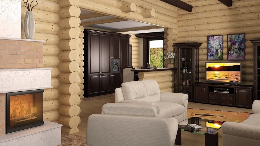Камин в гостиной в доме из бревна