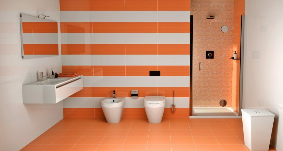 Интерьер ванной с оранжевым