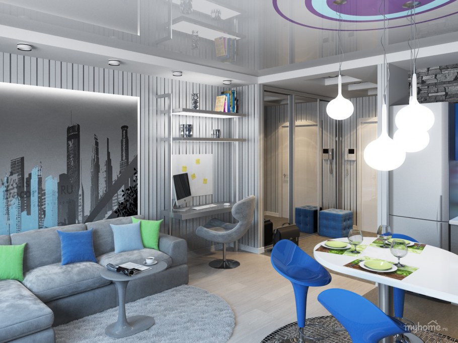 Интерьер квартиры студии в серых тонах с акцентами