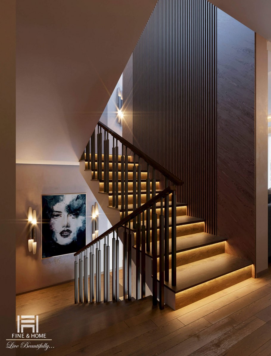 Интерьер лестницы в темных тонах