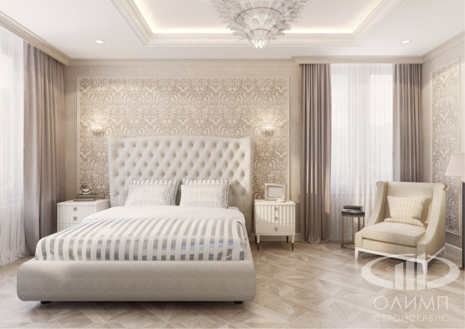Спальня в неоклассическом стиле в светлых тонах с золотом
