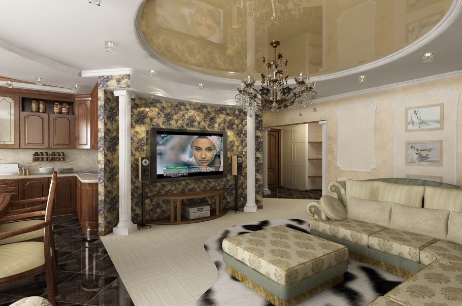 Зал совмещенный с кухней классика