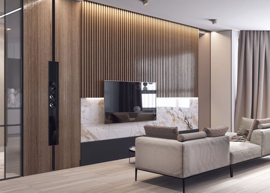 Рейки в интерьере гостиной