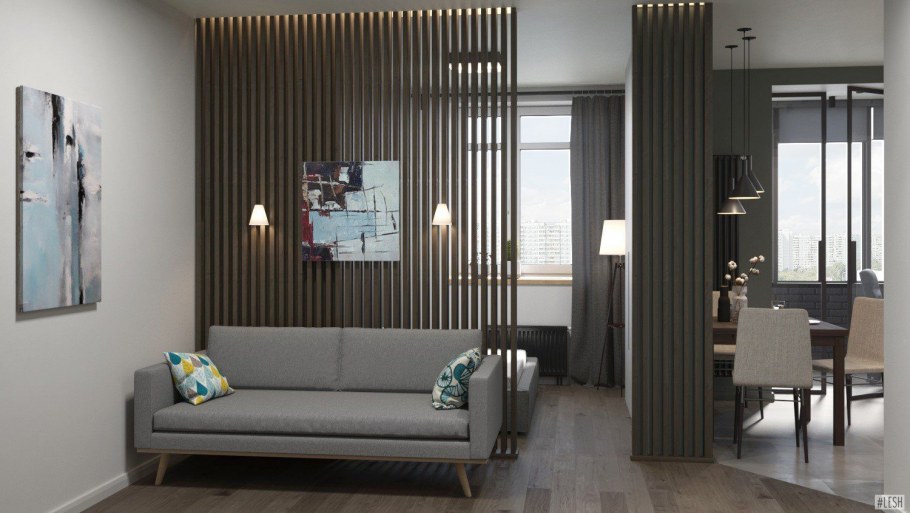 Гостиная с деревянными рейками