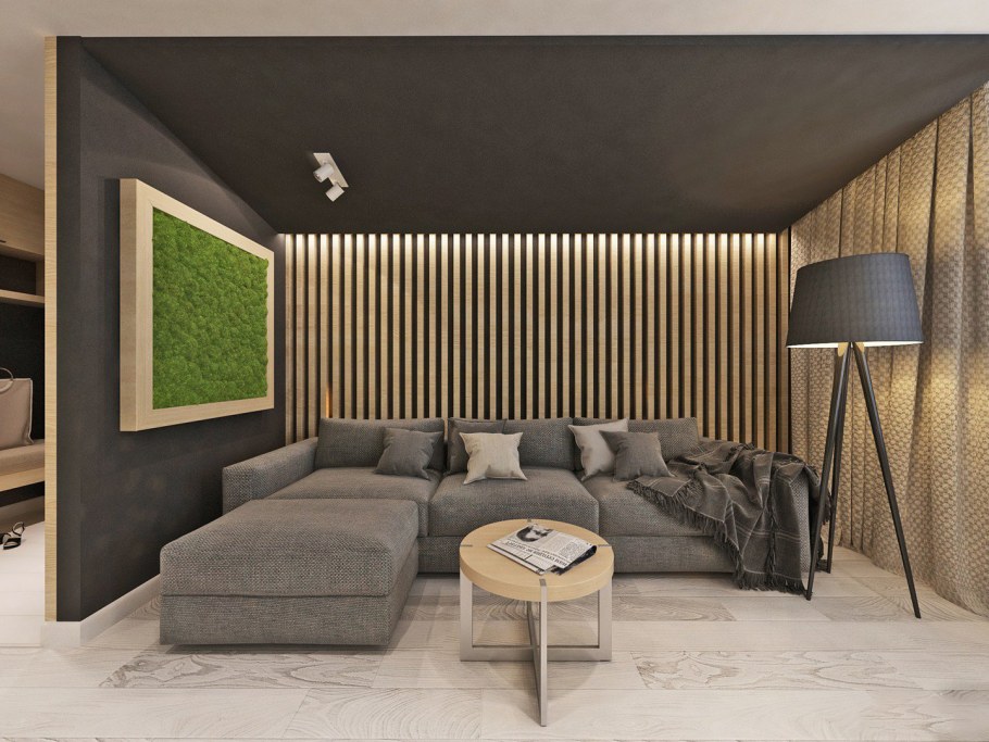 Интерьер гостинной с деревянными рейками