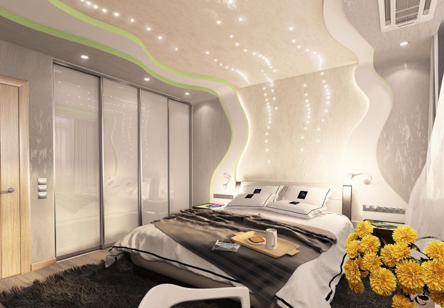 Натяжные потолки в спальню современные с подсветкой