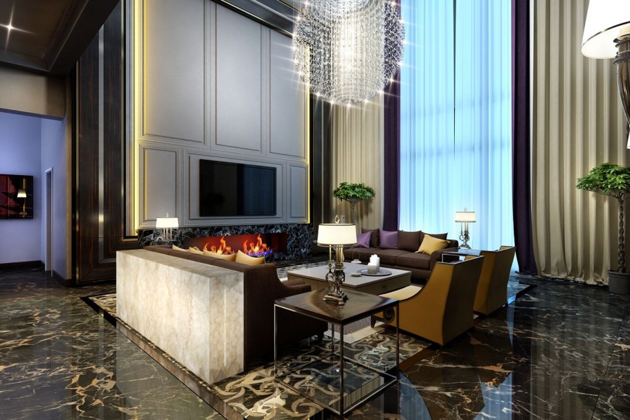 Двусветная гостиная кухня в современном стиле