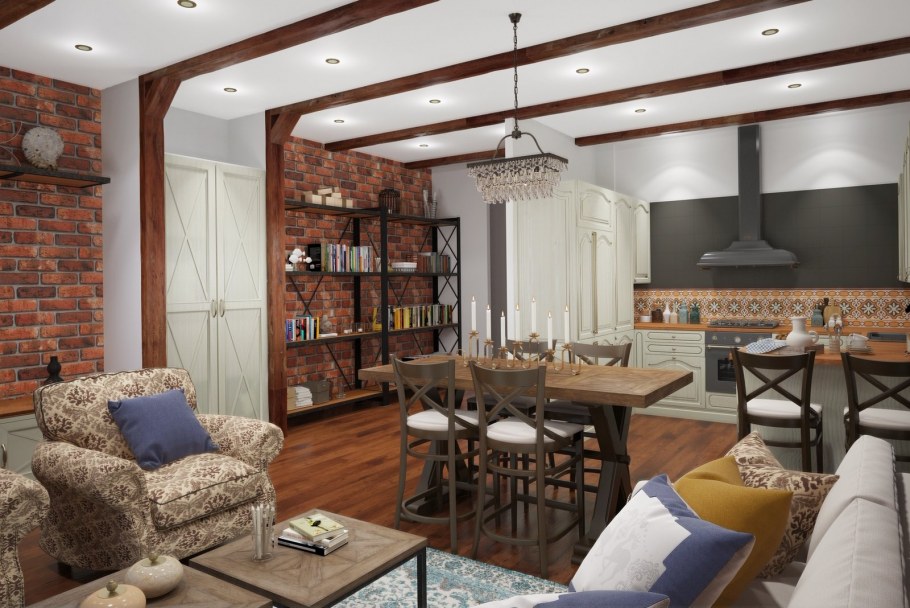 Кухня-гостиная в стиле Кантри