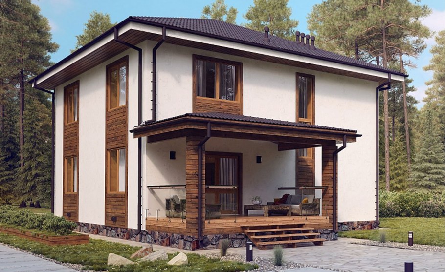 Фасад штукатурка и дерево