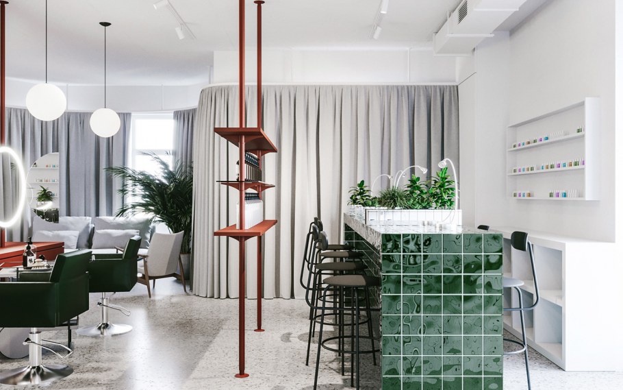 Красно зеленый интерьер студии красоты