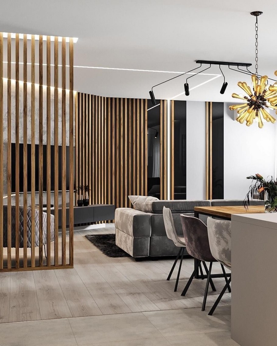 Рейки на стене в интерьере