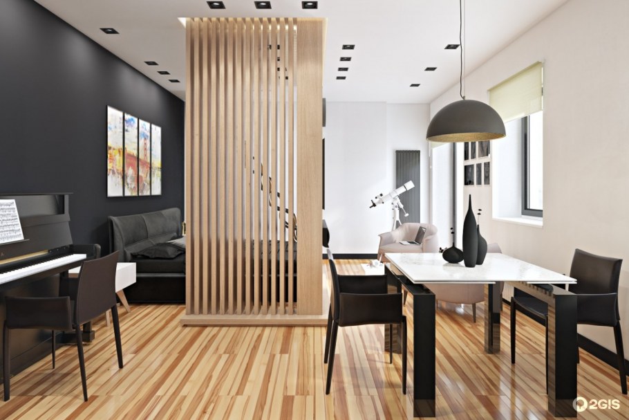 Реечная стена в интерьере гостиной