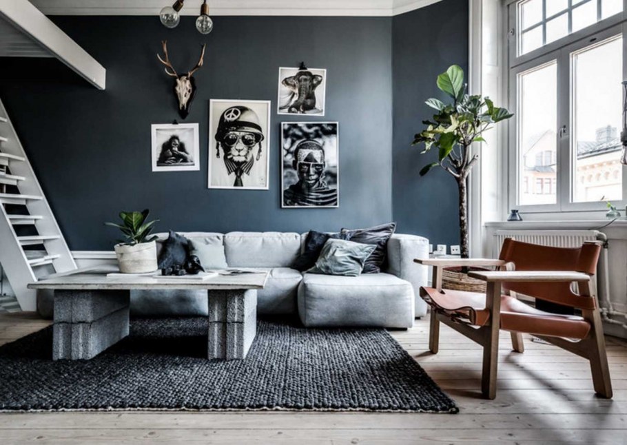 Темный камень лофт в интерьере спальни