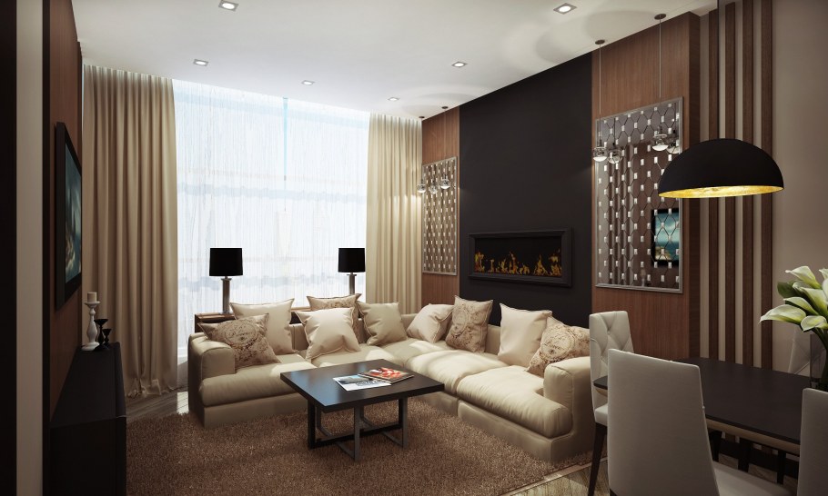 Интерьер в коричневых тонах с яркими акцентами