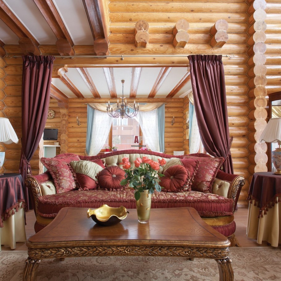 Интерьер кухня гостинная дом из оцилиндрованного бревна