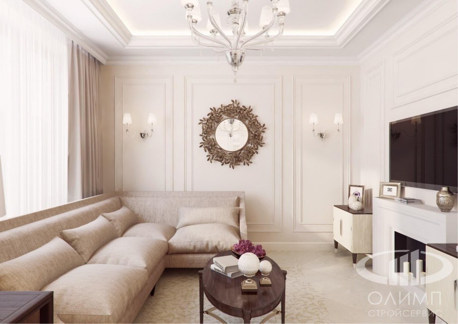 Гостиная в светлых тонах с молдингом