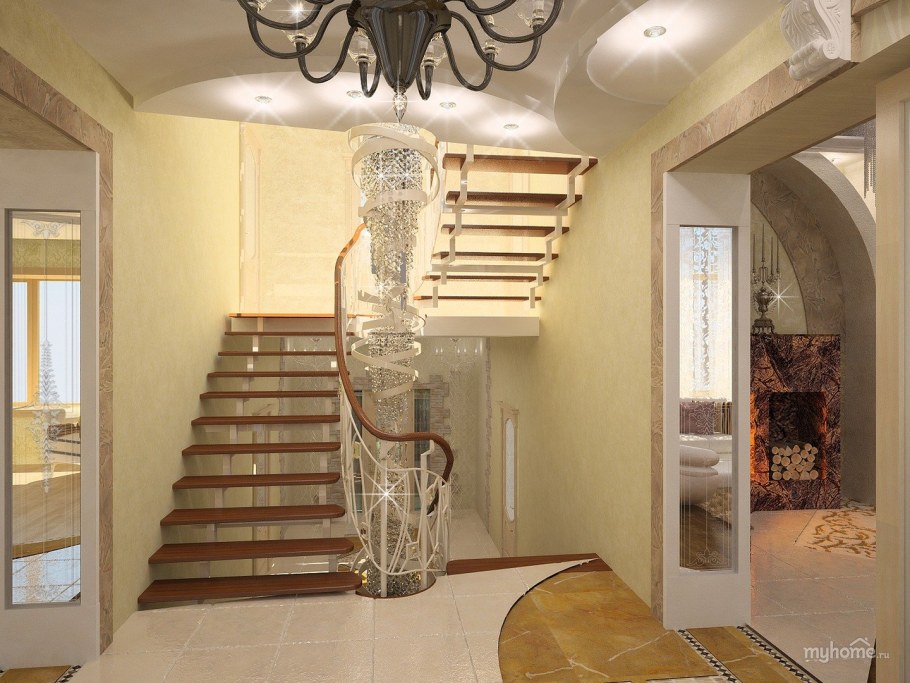 Входная зона в частном доме с лестницей