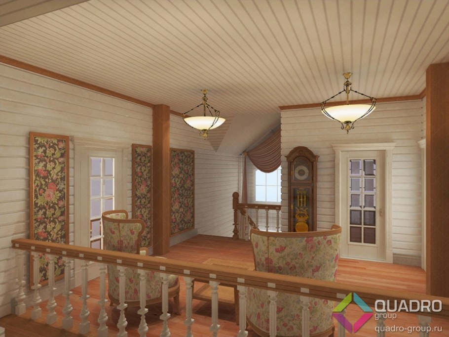 Интерьер холла второго этажа на даче