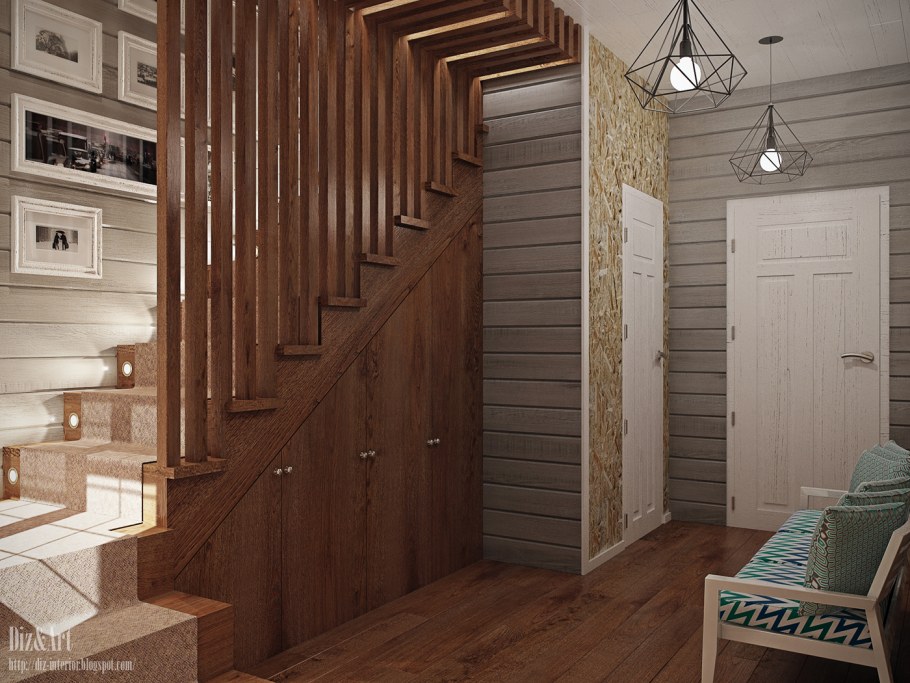 Прихожая в частном доме с лестницей вагонкой