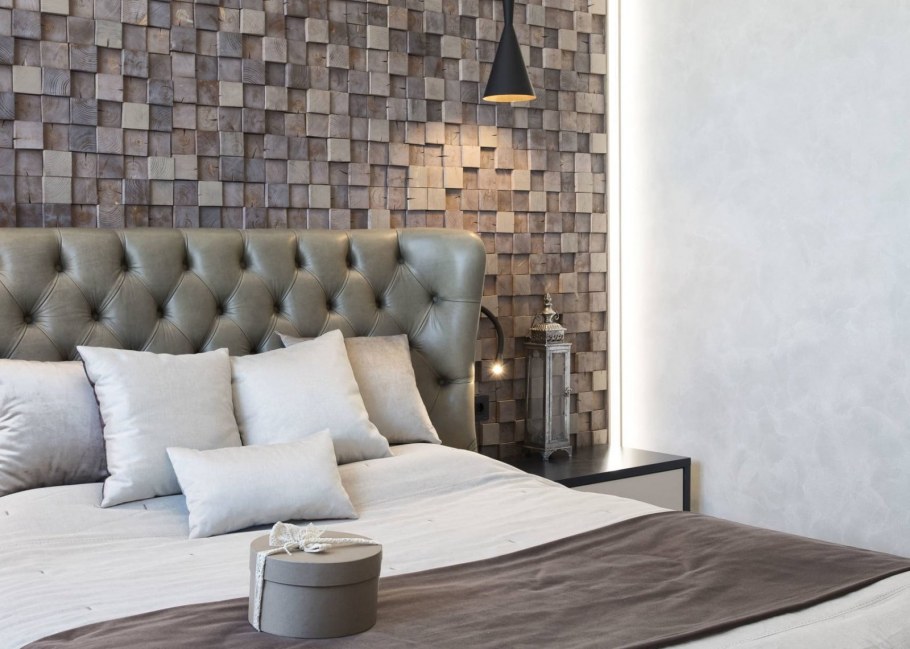 Деревянная мозайка в интерьере спальни