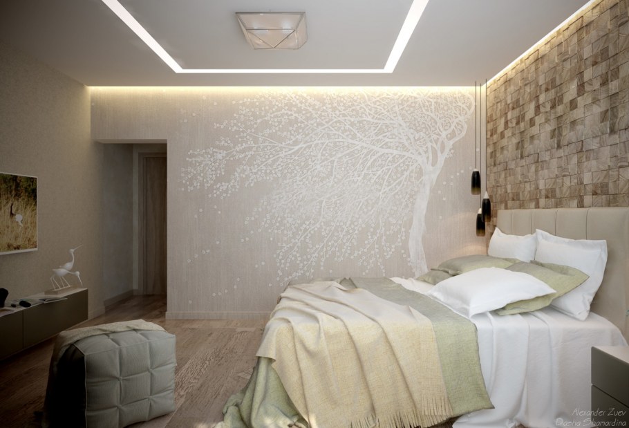 Интерьер спальни с парящим потолком