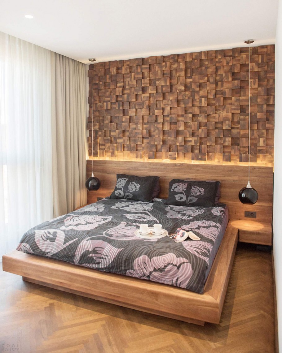 Деревянная мозайка в интерьере спальни